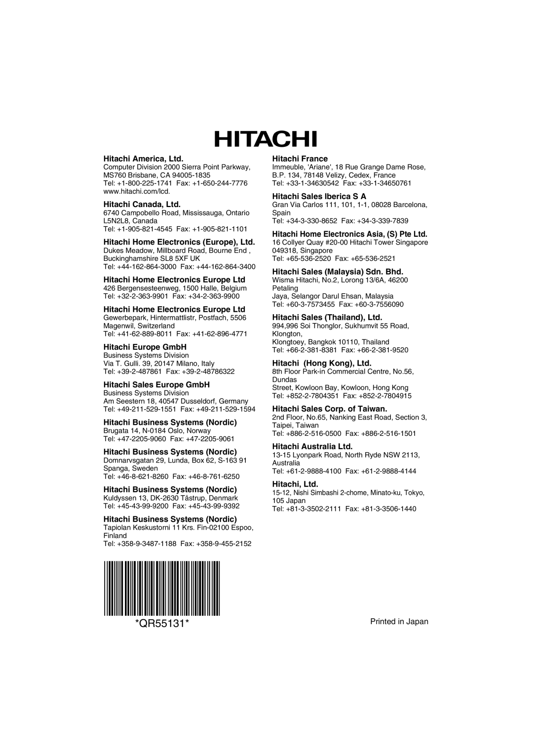 Hitachi CP-X880W, CP-X885W user manual QR55131 