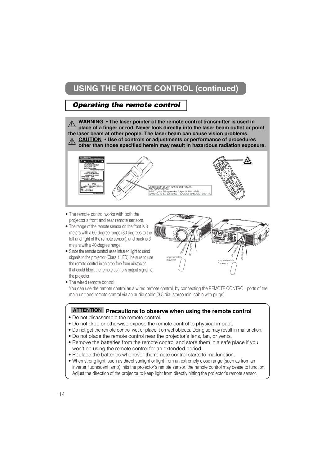 Hitachi CP-X885W, CP-X880W user manual Using the Remote Control, Operating the remote control, Meters with a 40-degree range 