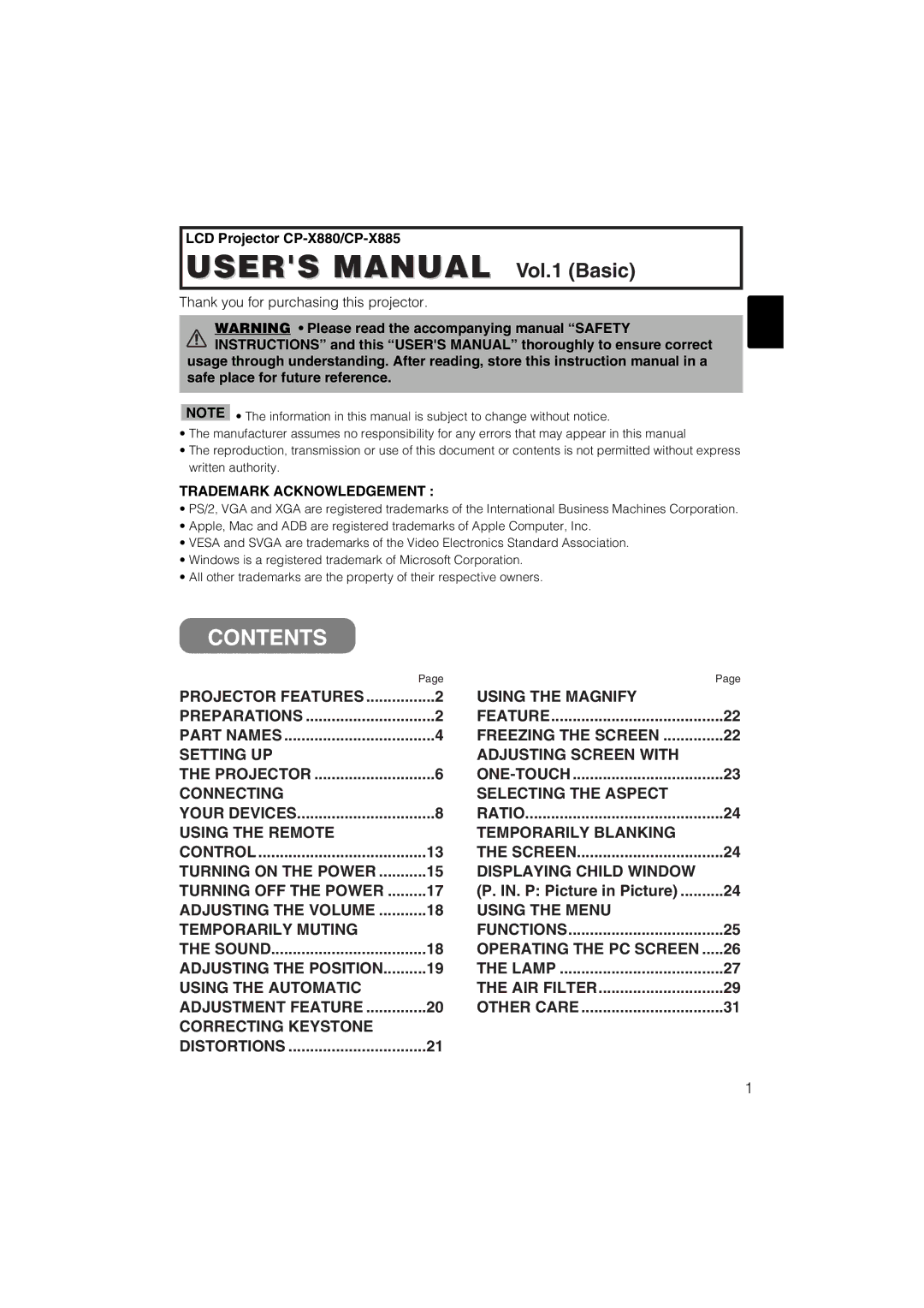 Hitachi CP-X880W, CP-X885W user manual Contents 