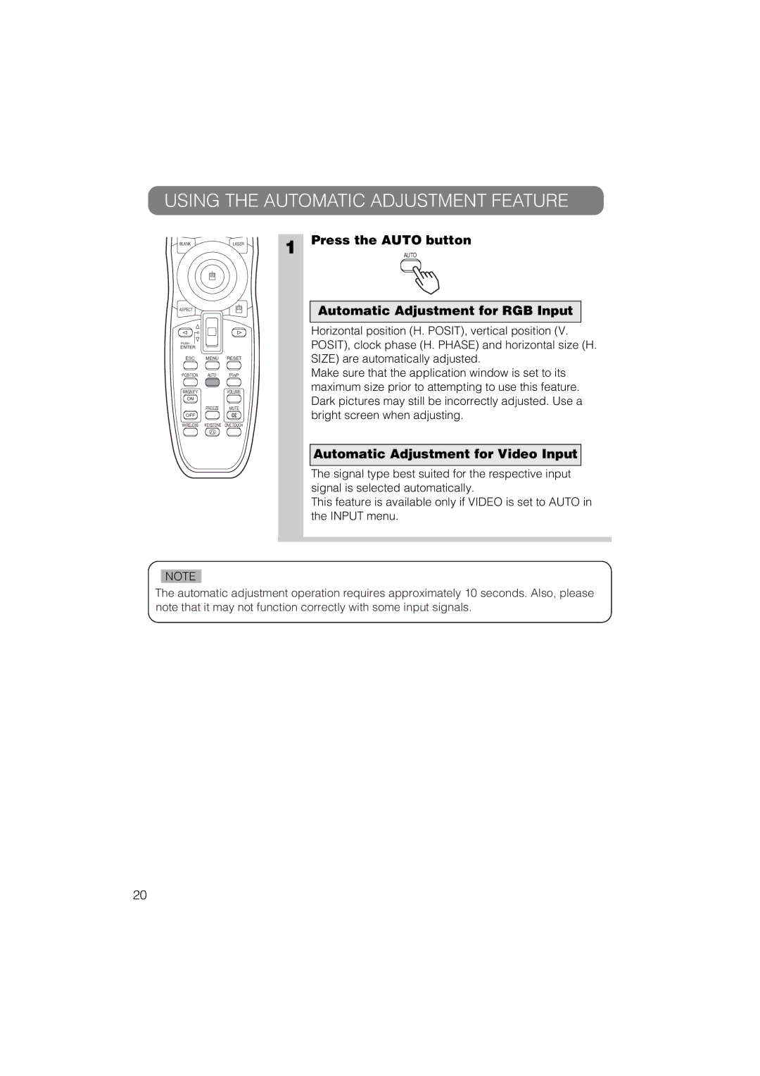 Hitachi CP-X885W Using the Automatic Adjustment Feature, Press the Auto button, Automatic Adjustment for RGB Input 