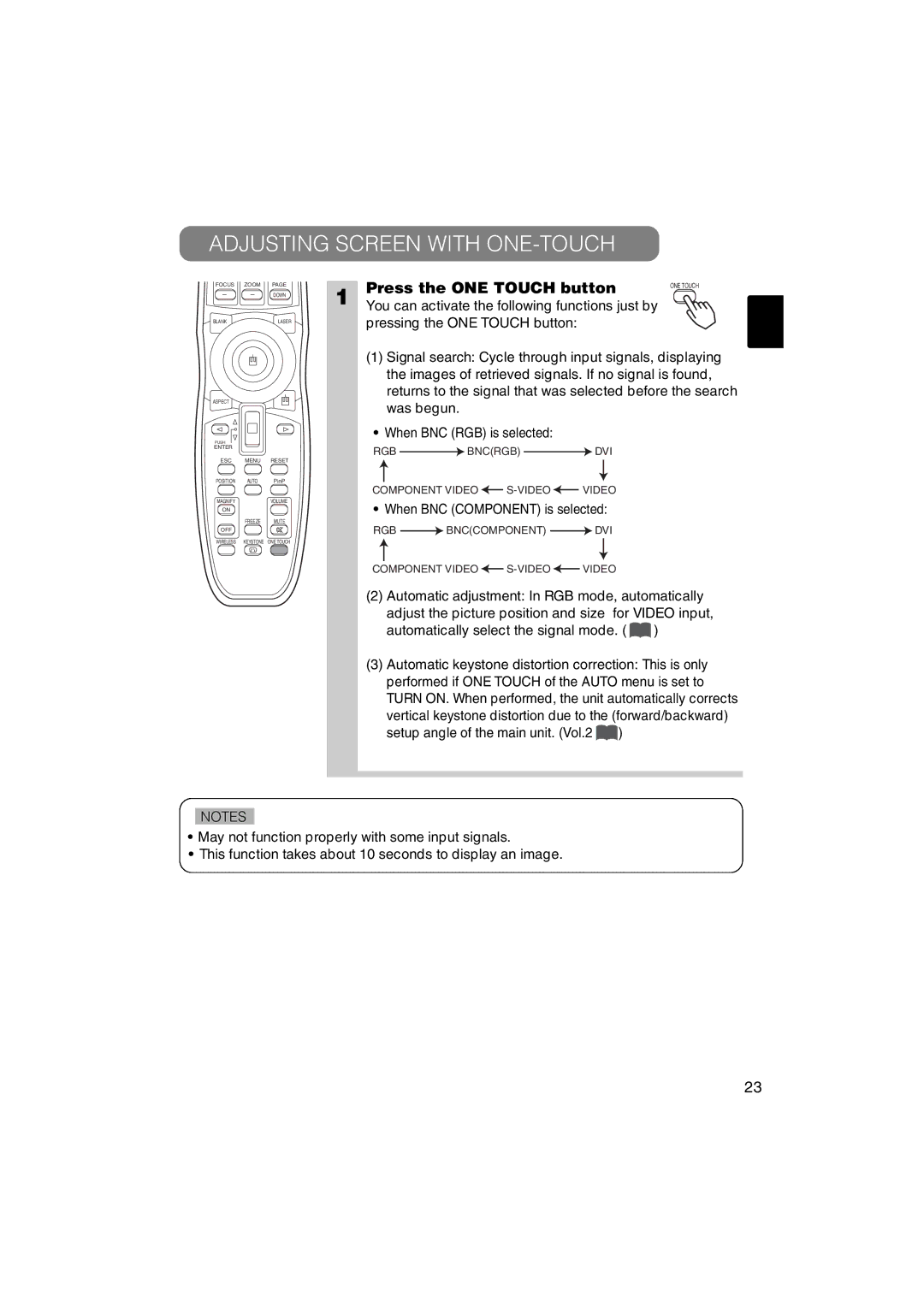 Hitachi CP-X880W, CP-X885W Adjusting Screen with ONE-TOUCH, Press the ONE Touch button, Pressing the ONE Touch button 