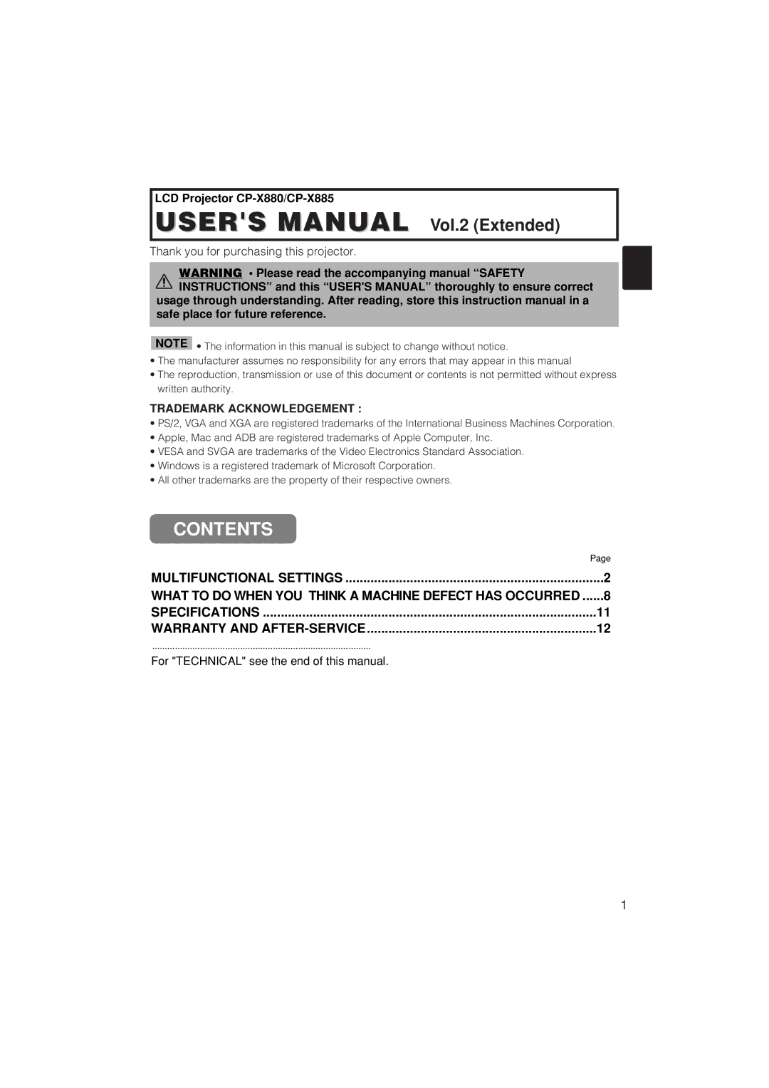 Hitachi CP-X885W, CP-X880W user manual LCD Projector CP-X880/CP-X885, For Technical see the end of this manual 