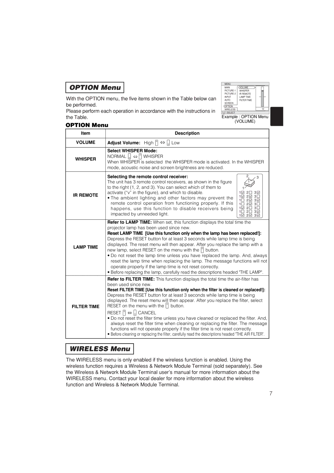 Hitachi CP-X885W, CP-X880W user manual Option Menu, Wireless Menu 