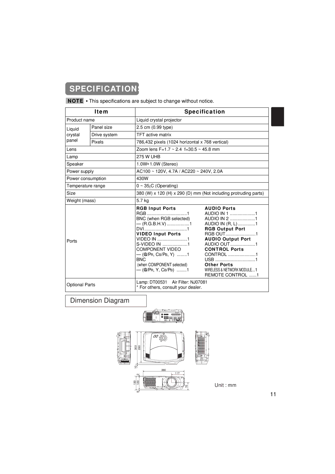 Hitachi CP-X885W, CP-X880W user manual Specifications, Dimension Diagram, Unit mm 