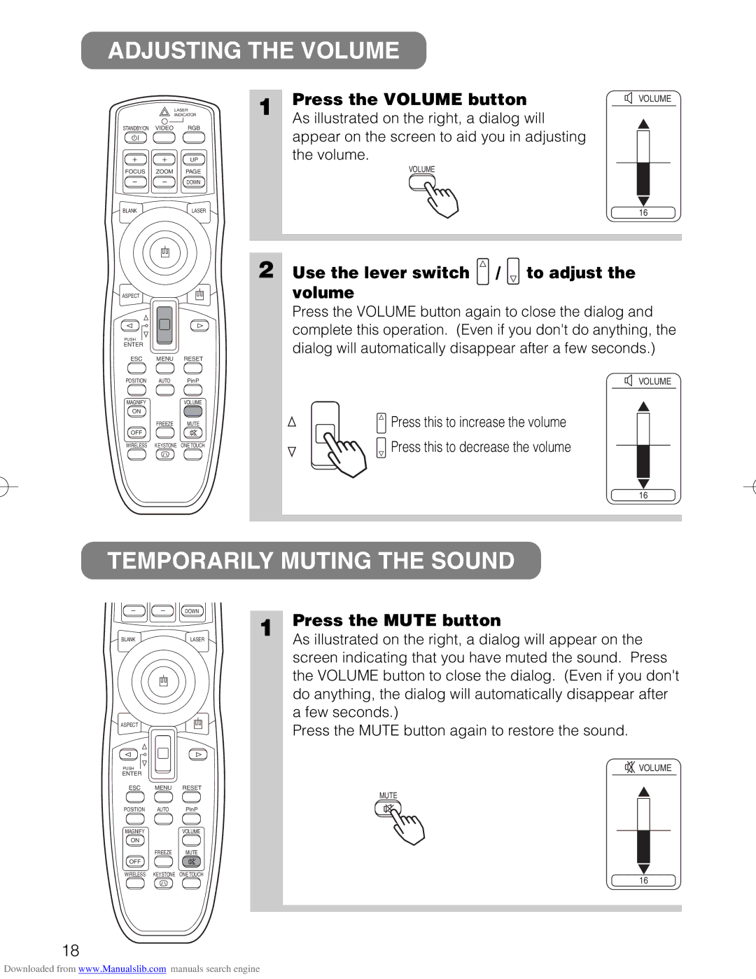 Hitachi CP-X885W Adjusting the Volume, Temporarily Muting the Sound, Press the Volume button, Press the Mute button 