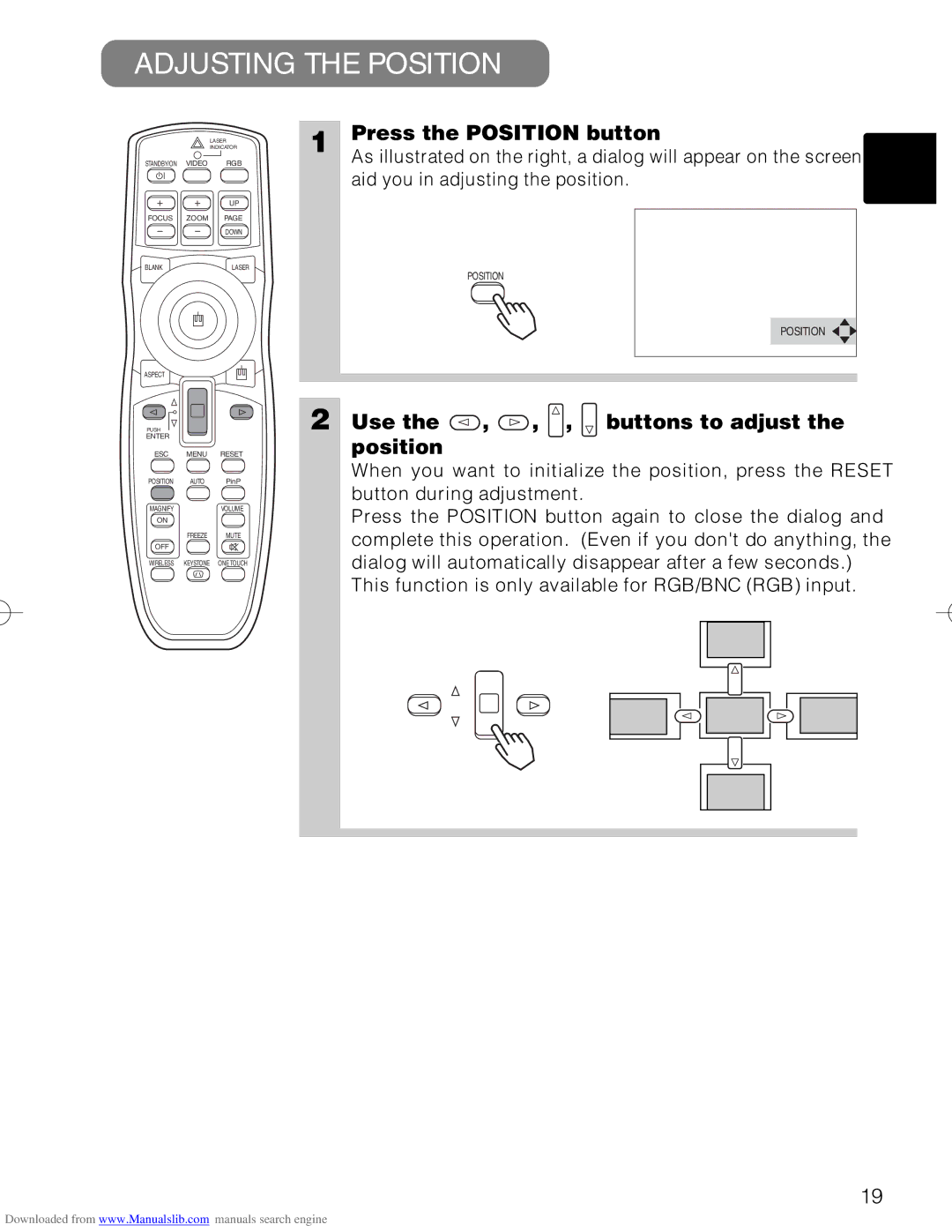 Hitachi CP-X880W, CP-X885W Adjusting the Position, Press the Position button, Use the , , , buttons to adjust the position 