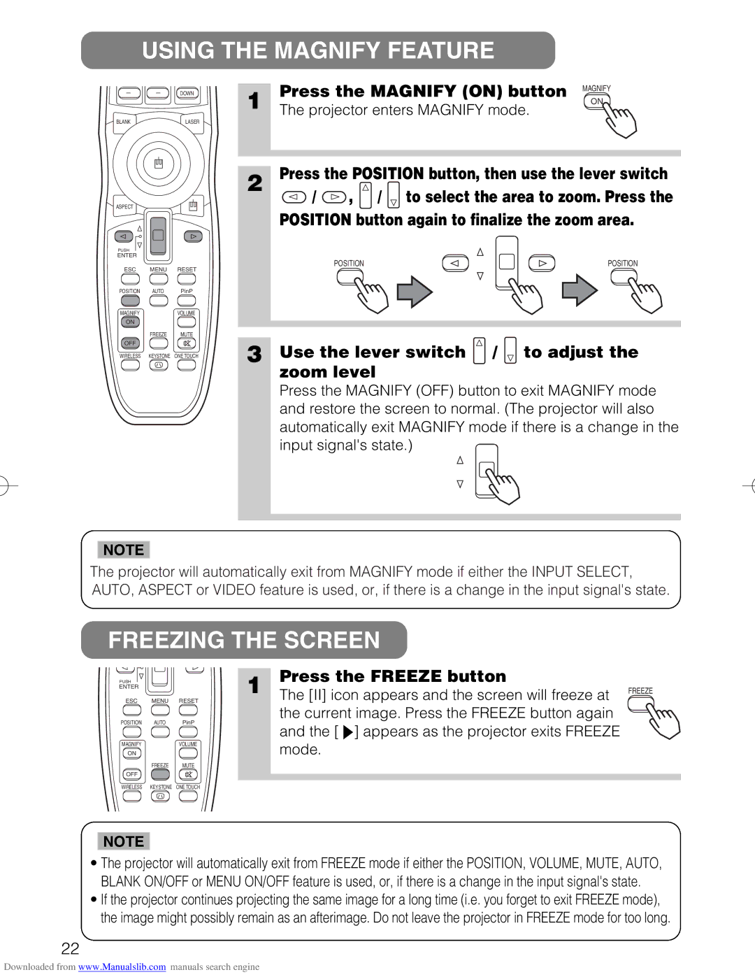 Hitachi CP-X885W, CP-X880W user manual Using the Magnify Feature, Freezing the Screen 