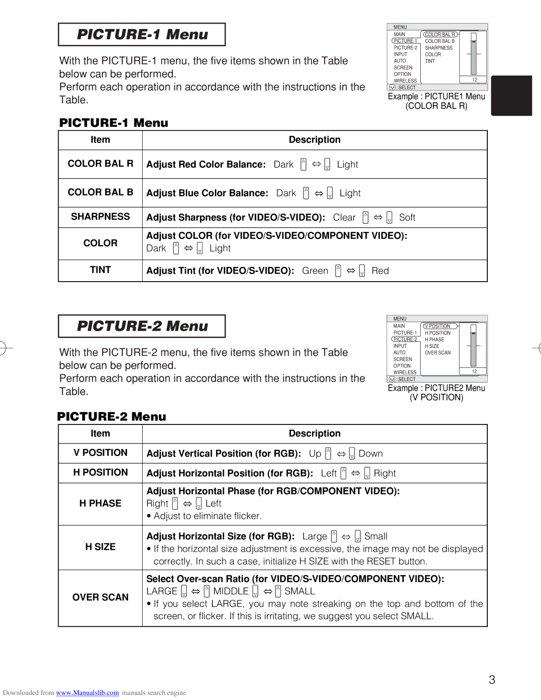 Hitachi CP-X885W, CP-X880W user manual PICTURE-1 Menu, PICTURE-2 Menu 