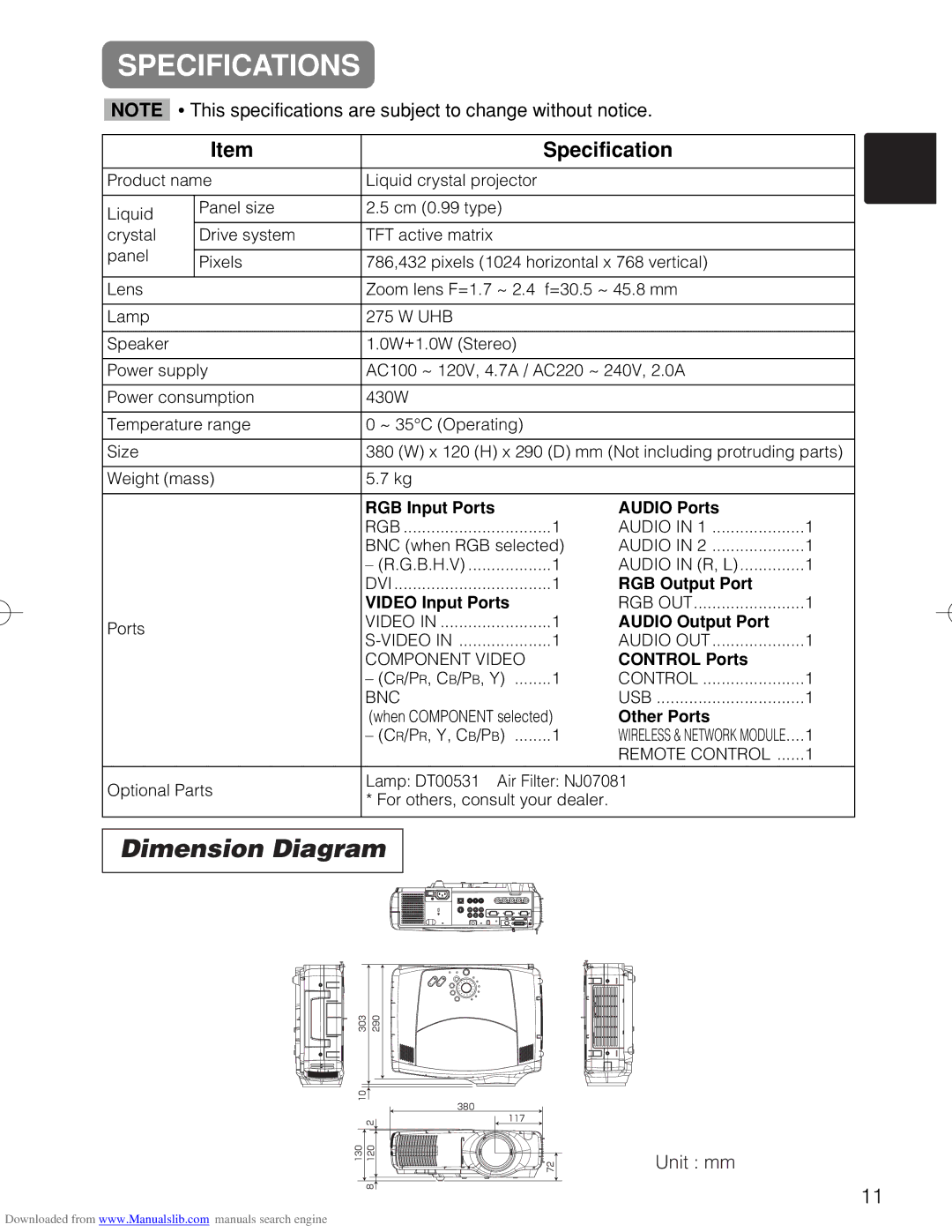 Hitachi CP-X885W, CP-X880W user manual Specifications, Dimension Diagram, Unit mm 