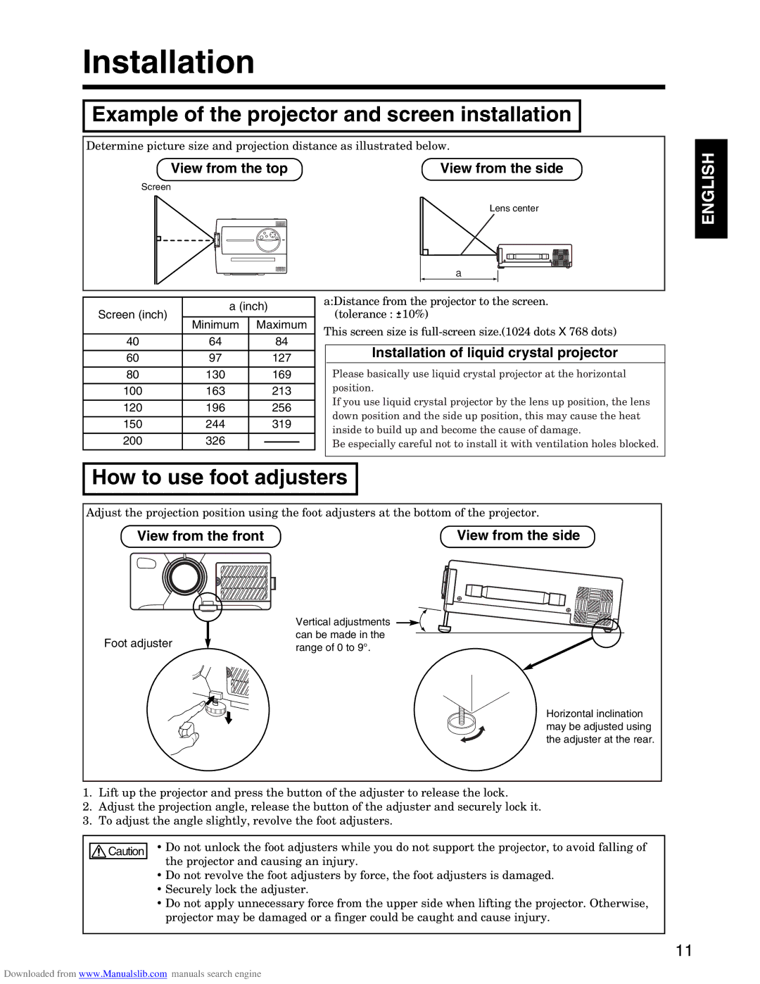 Hitachi CP-X935E specifications Installation, Example of the projector and screen installation, How to use foot adjusters 