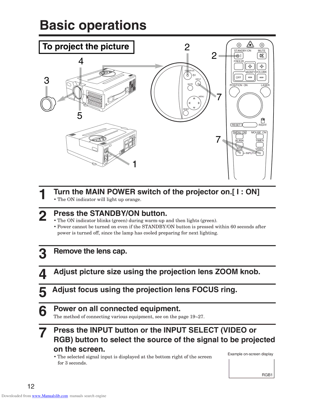 Hitachi CP-X935E Basic operations, To project the picture, ∙ The on indicator will light up orange, For 3 seconds 