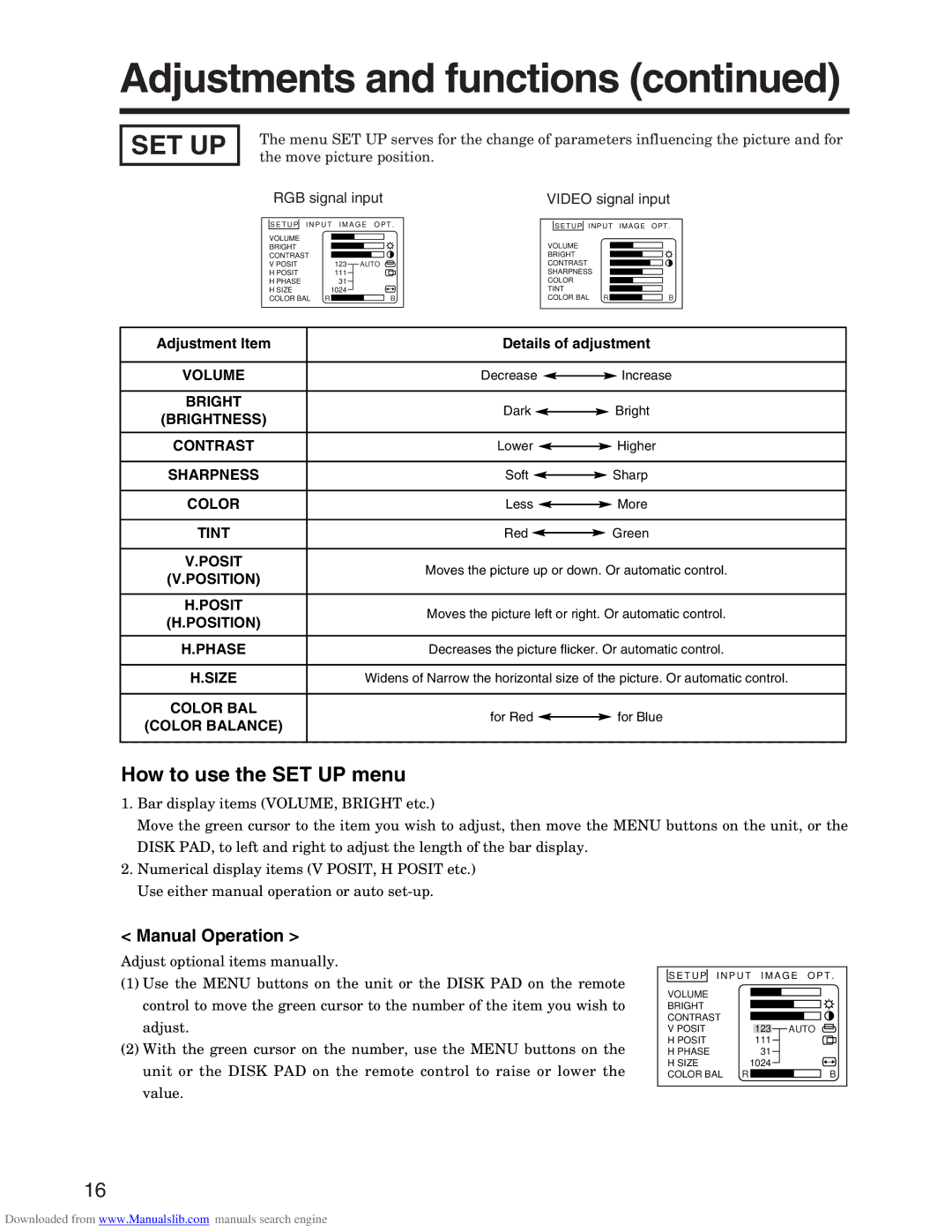 Hitachi CP-X935E specifications Set Up, How to use the SET UP menu, Manual Operation 