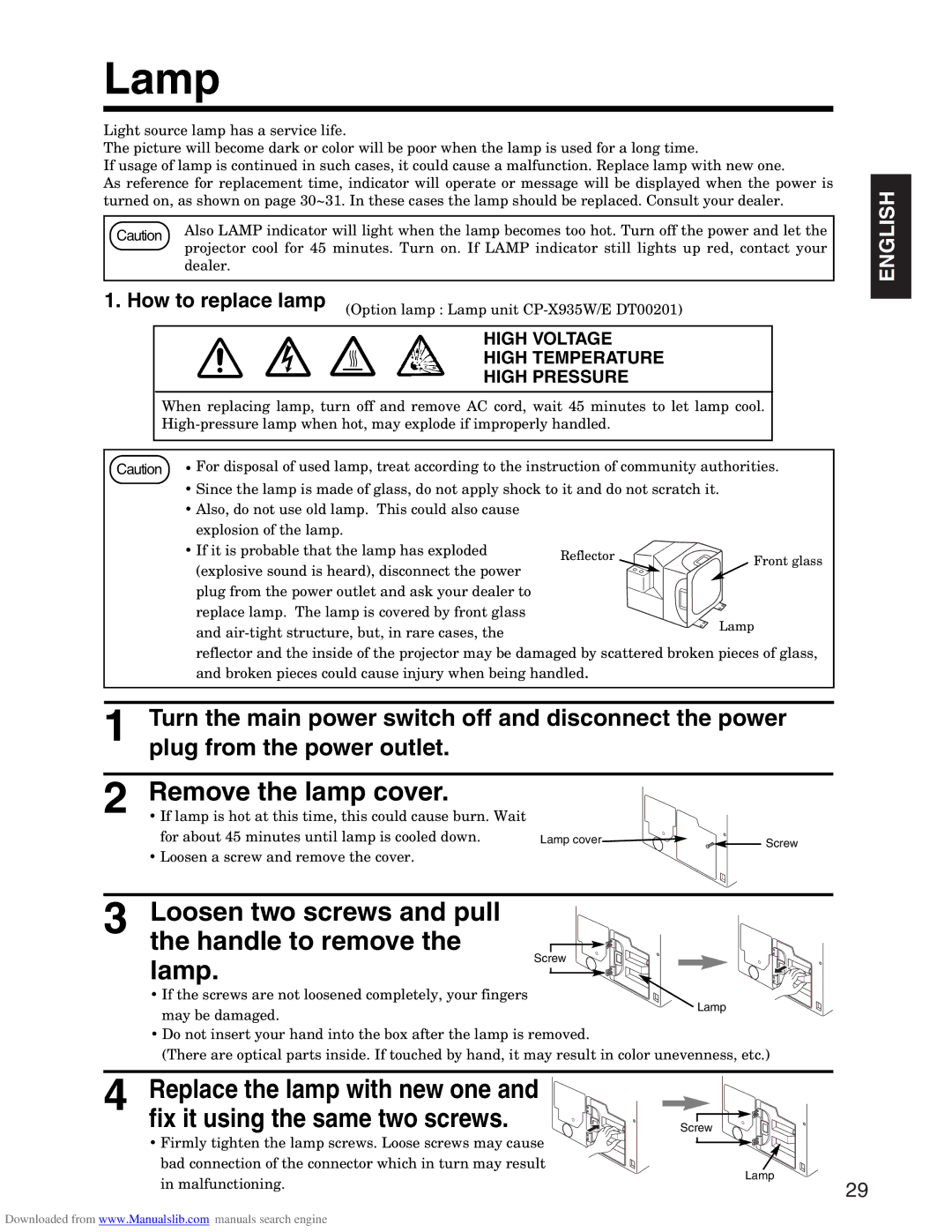 Hitachi CP-X935E specifications Remove the lamp cover, How to replace lamp, Option lamp Lamp unit CP-X935W/E DT00201 