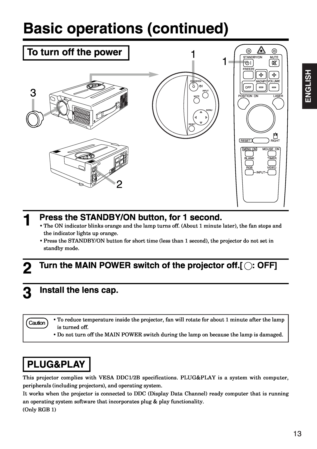 Hitachi CP-X935W Basic operations continued, To turn off the power, Plug&Play, Press the STANDBY/ON button, for 1 second 