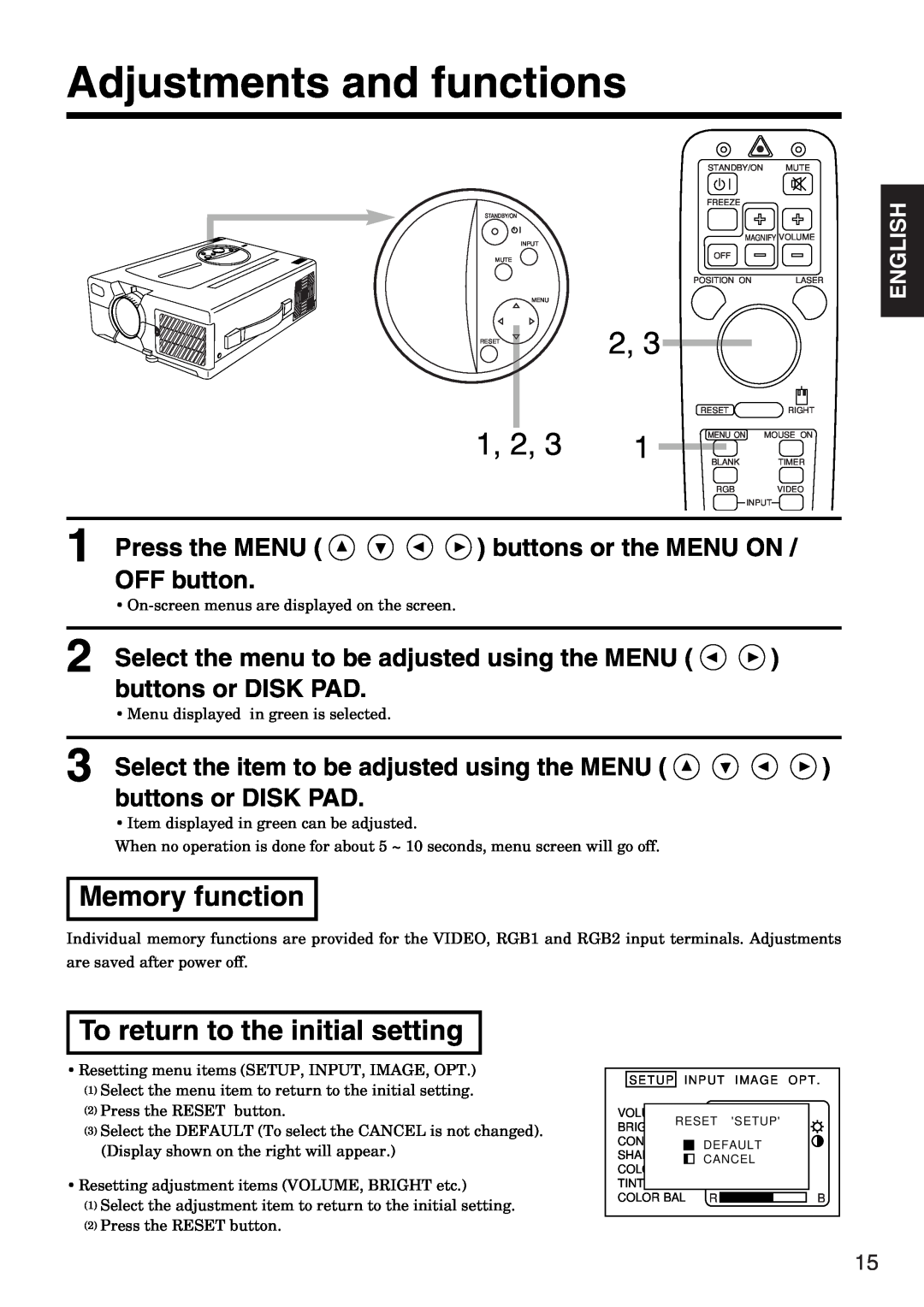 Hitachi CP-X935W Adjustments and functions, Memory function, To return to the initial setting, Press the MENU, OFF button 
