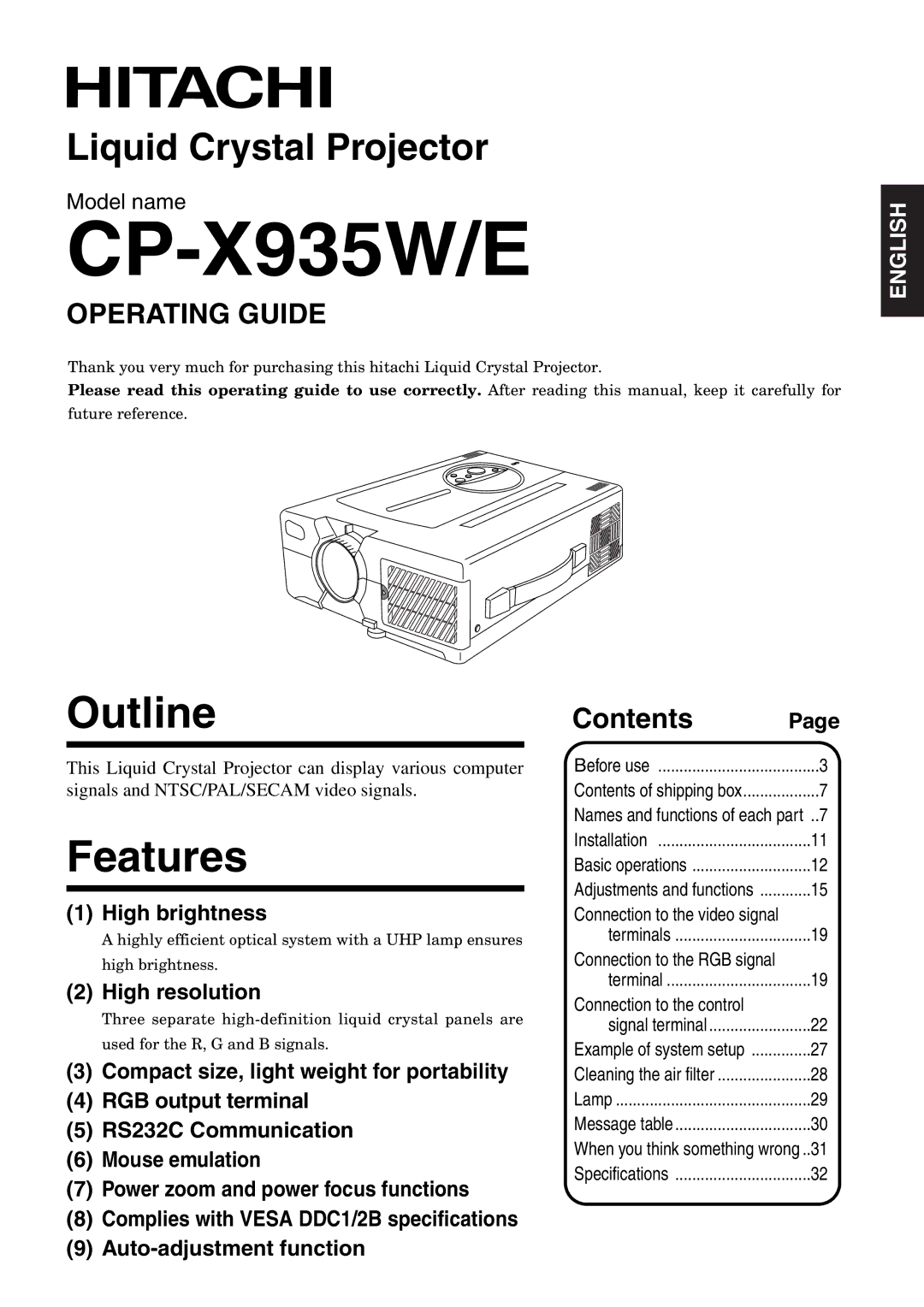 Hitachi CP-X935W specifications Outline, Features, Operating Guide, Contents 