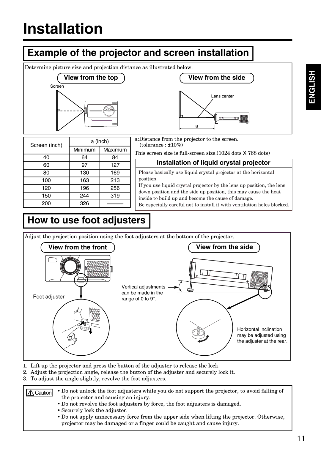 Hitachi CP-X935W specifications Installation, Example of the projector and screen installation, How to use foot adjusters 