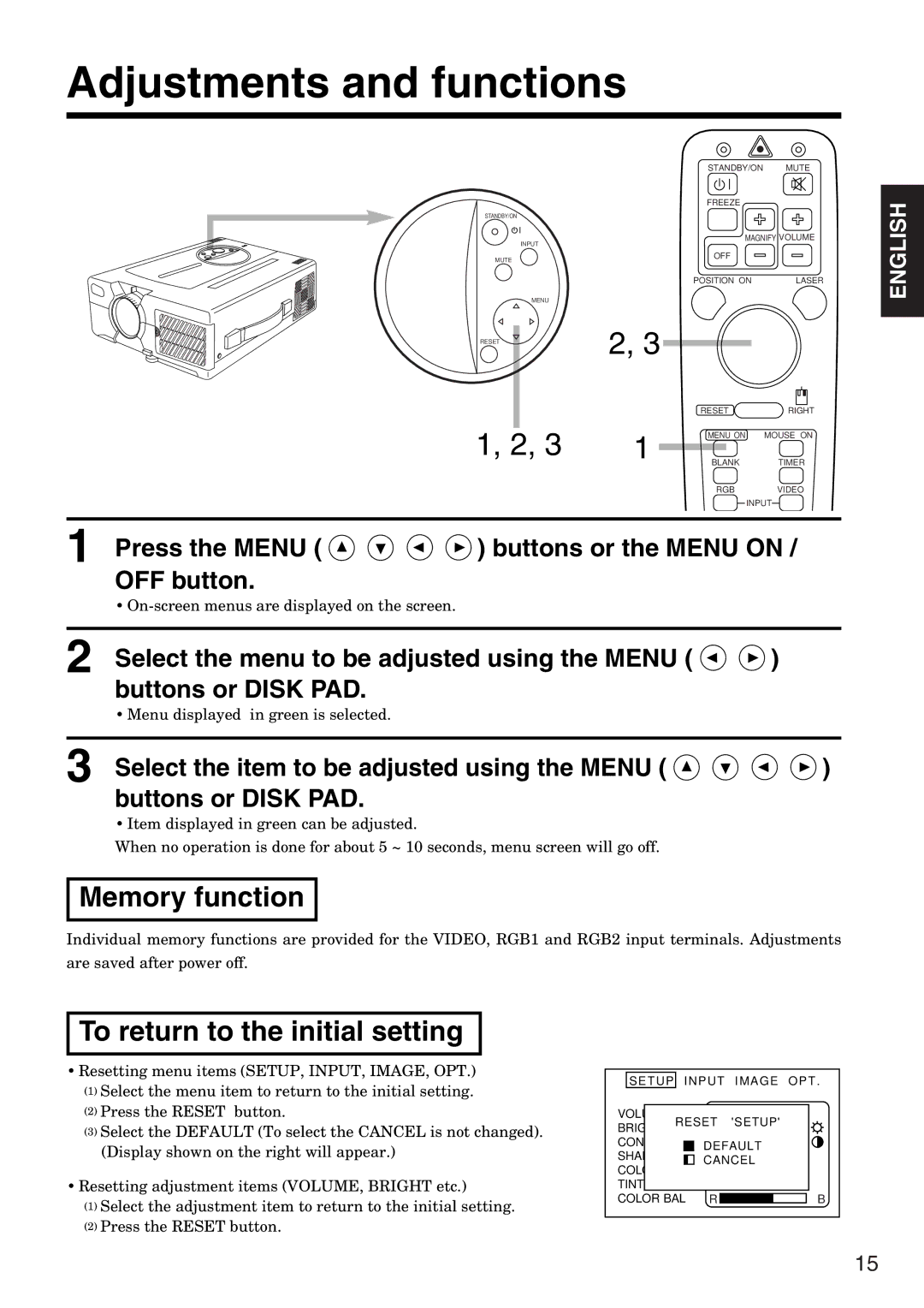 Hitachi CP-X935W specifications Adjustments and functions, Memory function, To return to the initial setting 