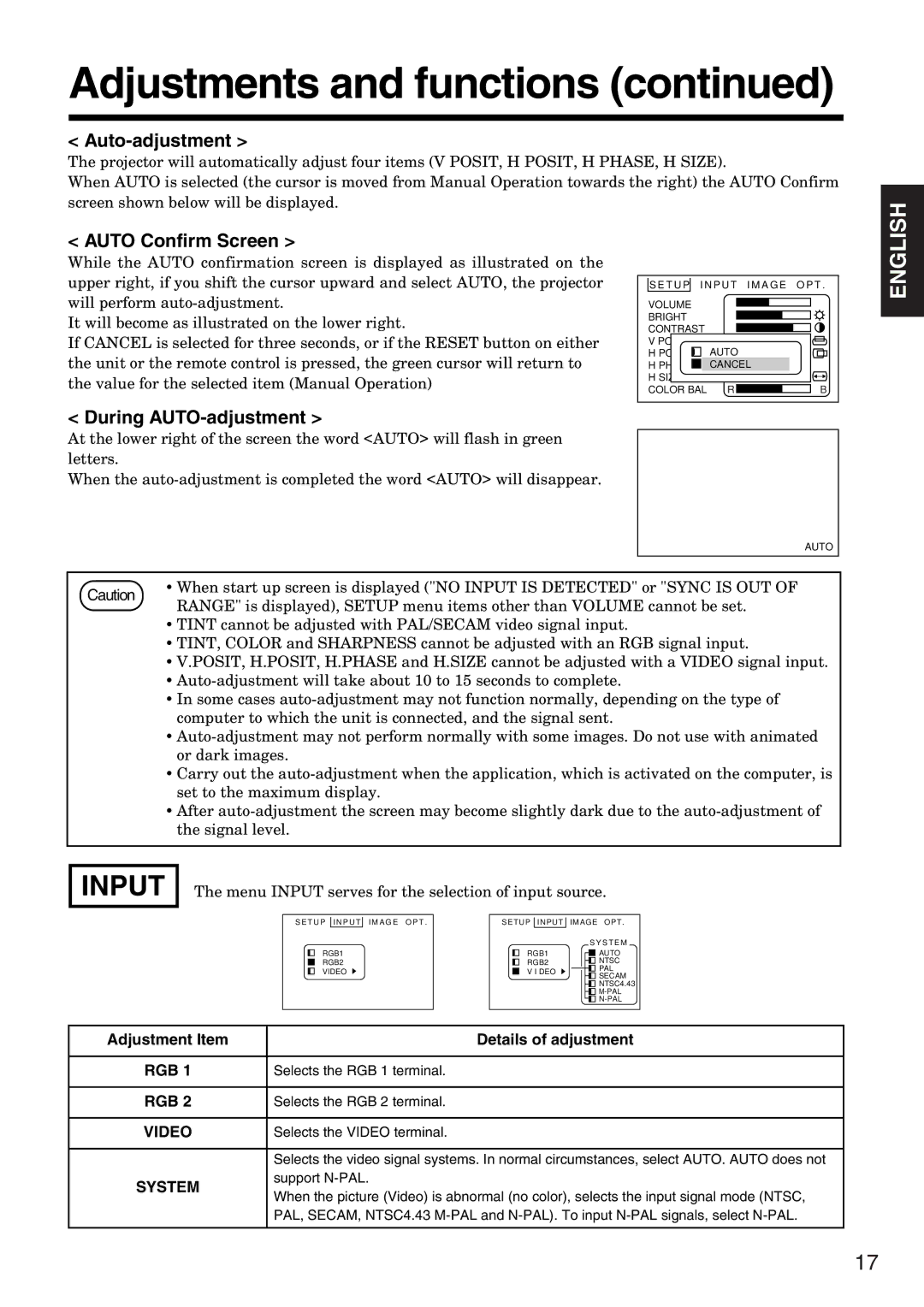 Hitachi CP-X935W specifications Input, Auto-adjustment, Auto Confirm Screen, During AUTO-adjustment 