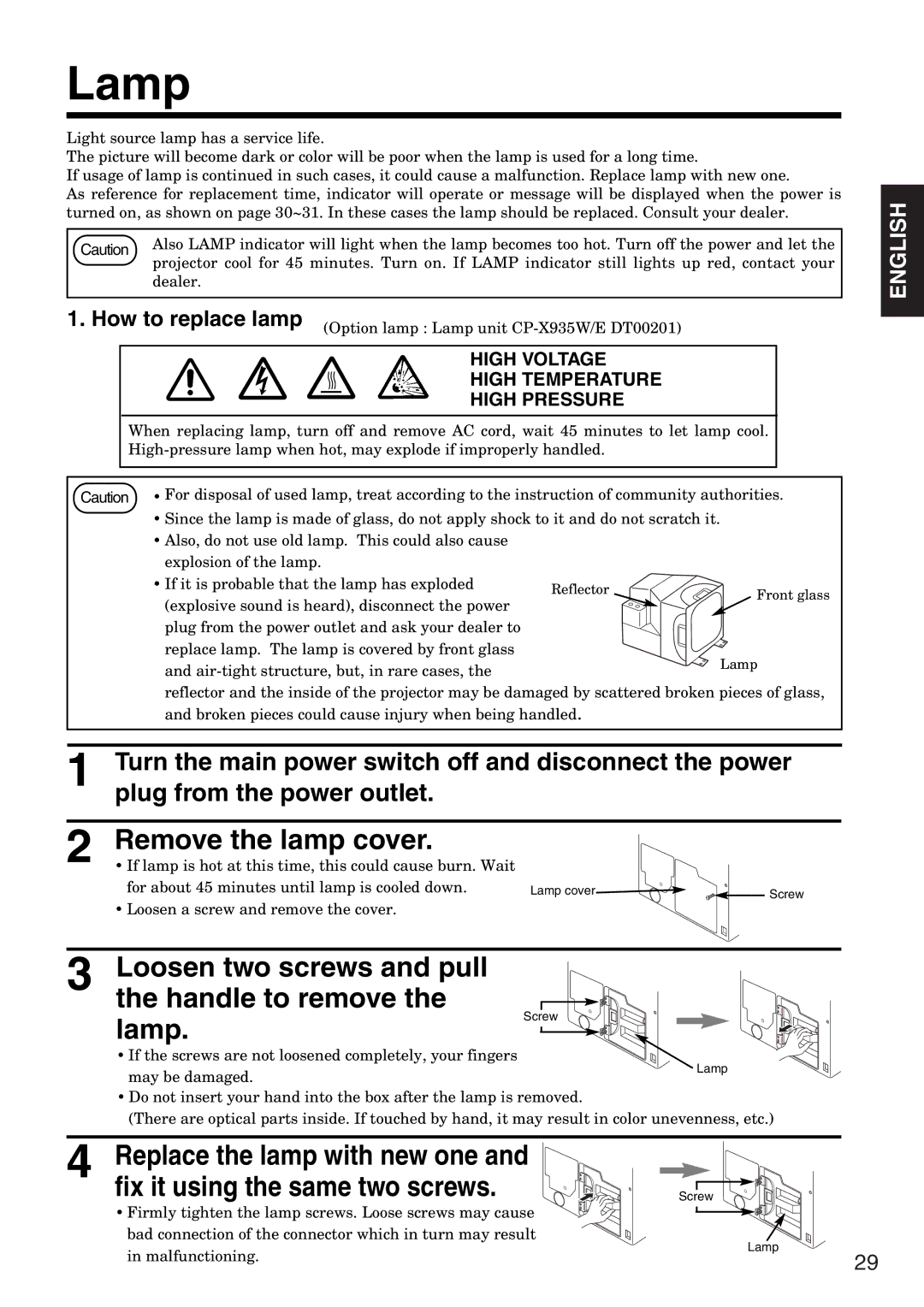 Hitachi CP-X935W Remove the lamp cover, Loosen two screws and pull the handle to remove Lamp, How to replace lamp 