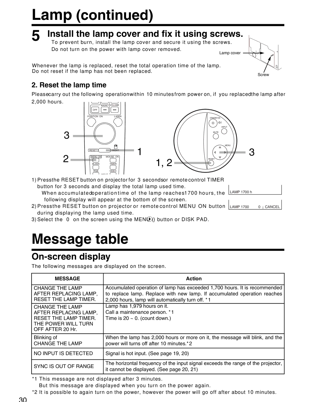 Hitachi CP-X935W specifications Lamp, Message table, Install the lamp cover and fix it using screws, On-screen display 