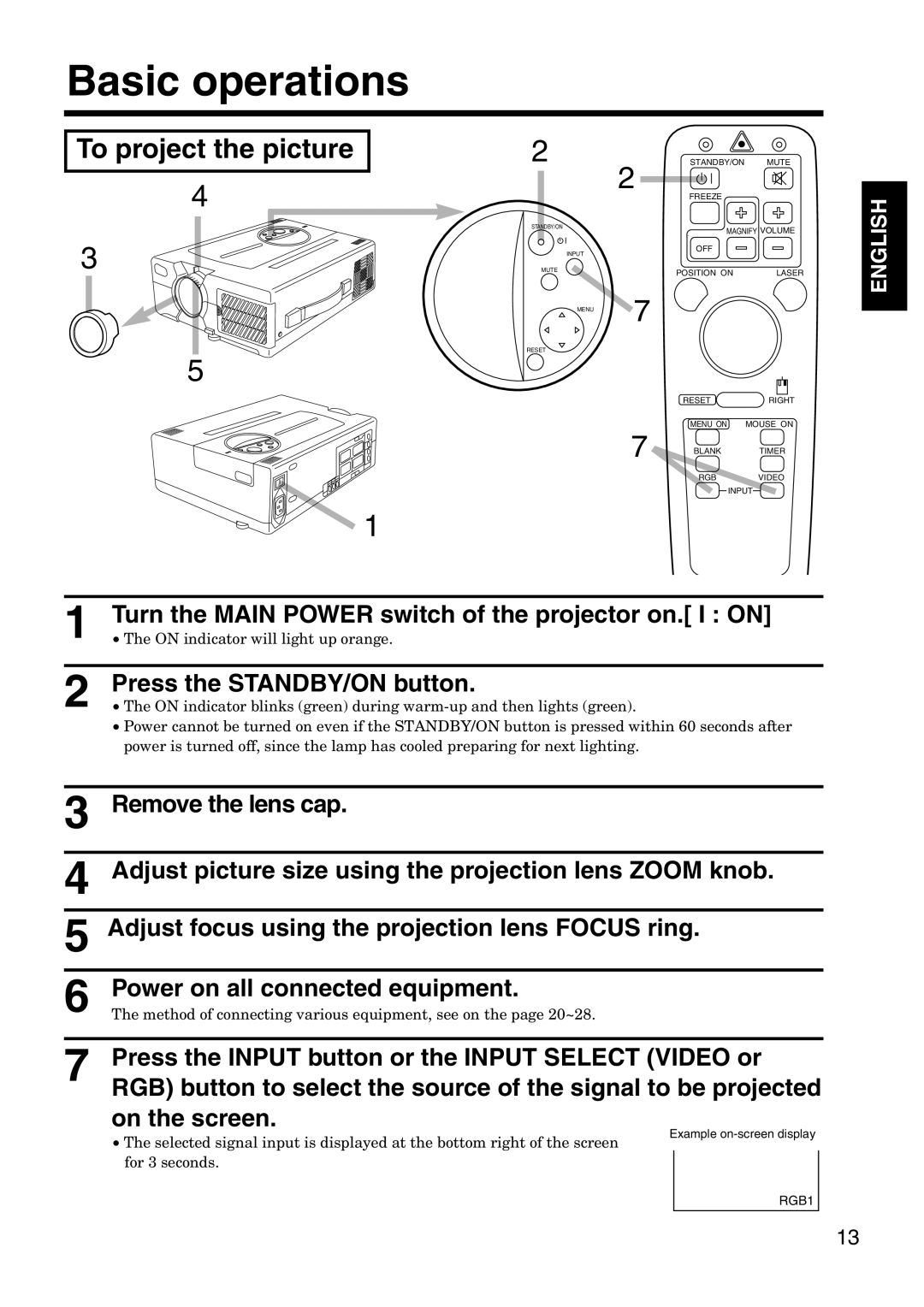 Hitachi CP-X940W/E Basic operations, To project the picture, On indicator will light up orange, For 3 seconds 