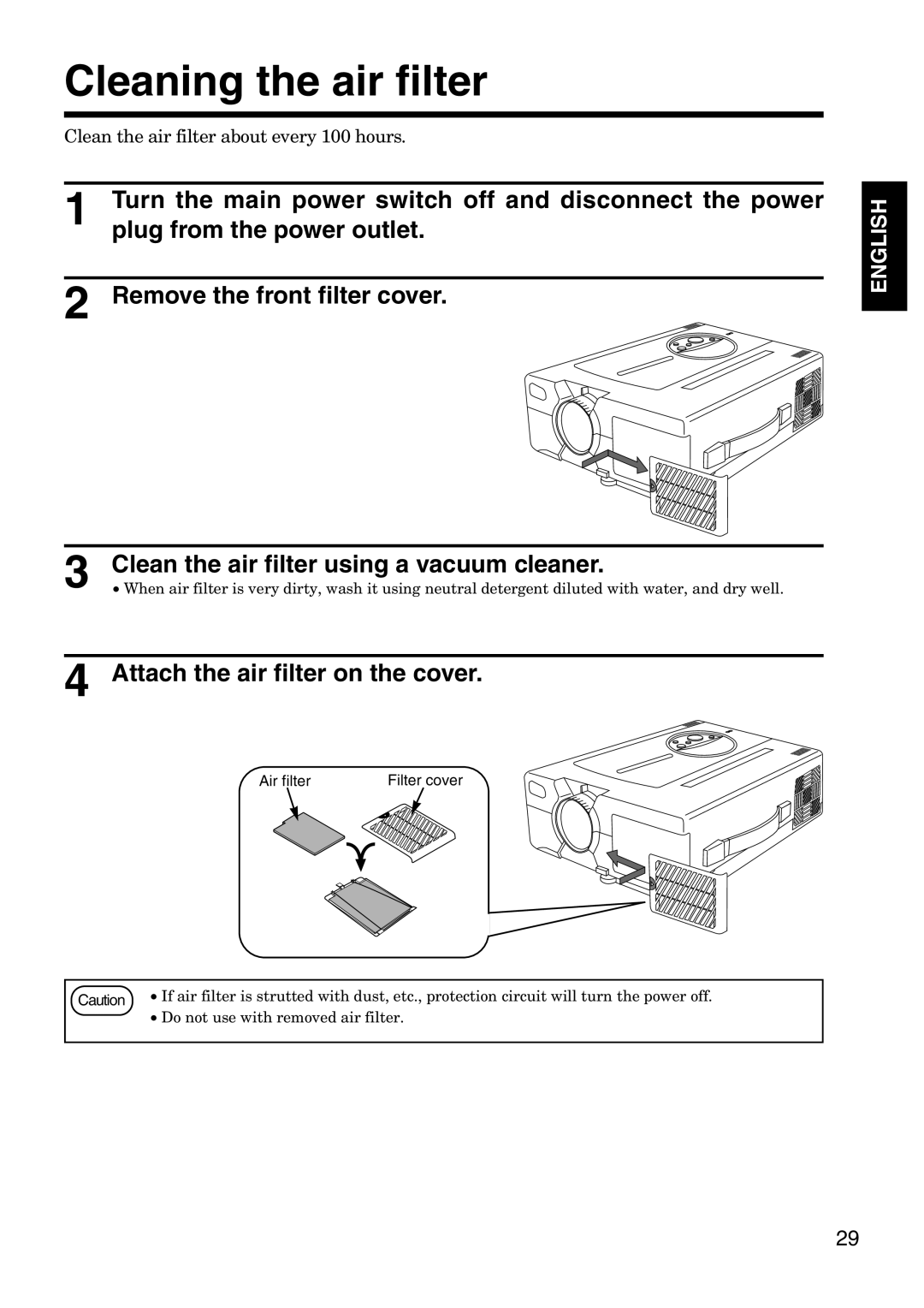 Hitachi CP-X940W/E specifications Cleaning the air filter, Air filter Filter cover, Do not use with removed air filter 