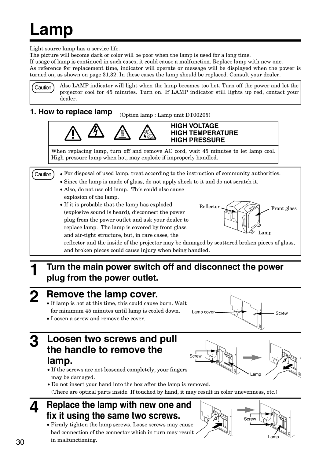 Hitachi CP-X940W/E specifications Remove the lamp cover, Loosen two screws and pull Handle to remove, Lamp 