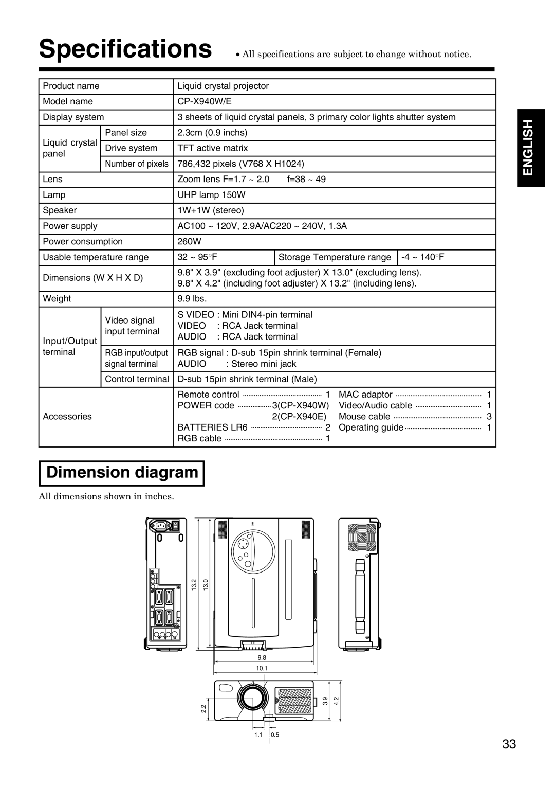 Hitachi Dimension diagram, Product name Liquid crystal projector Model name CP-X940W/E, RCA Jack terminal Terminal 