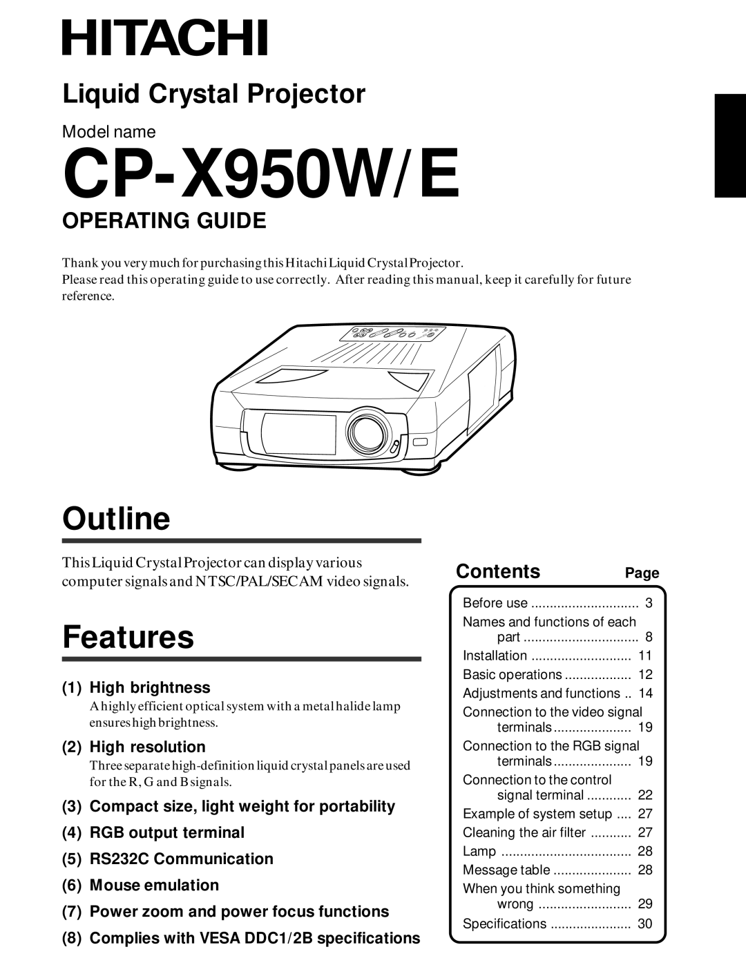 Hitachi CP-x950E, CP-X950W specifications Outline, Features, Operating Guide, Contents 