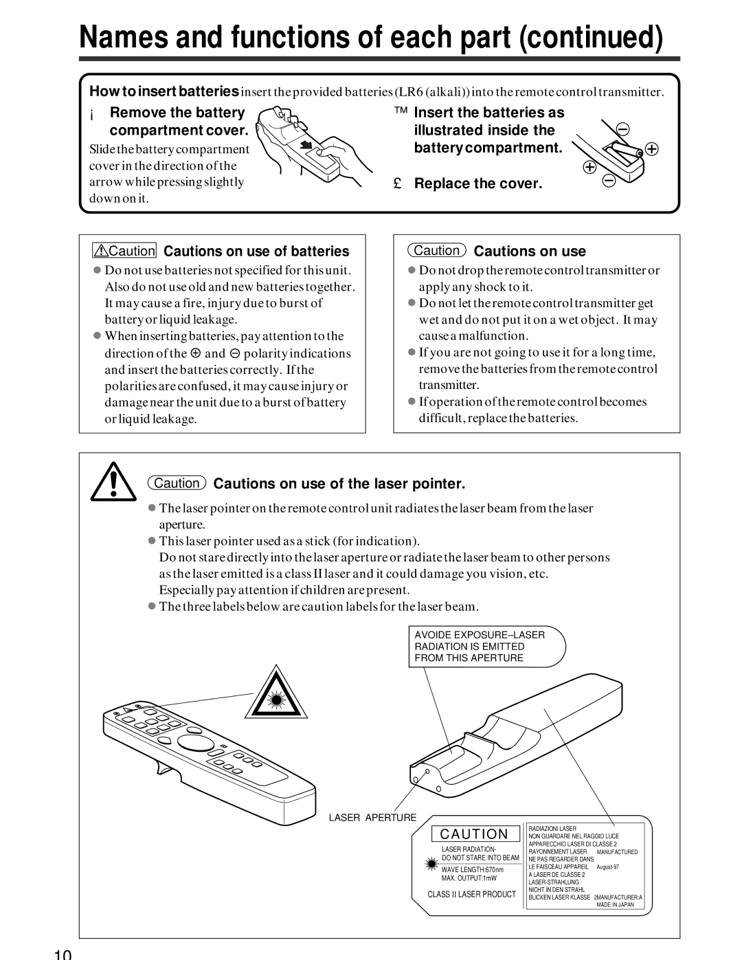 Hitachi CP-X950W, CP-x950E specifications Names and functions of each part, ¡ Remove the battery Compartment cover 