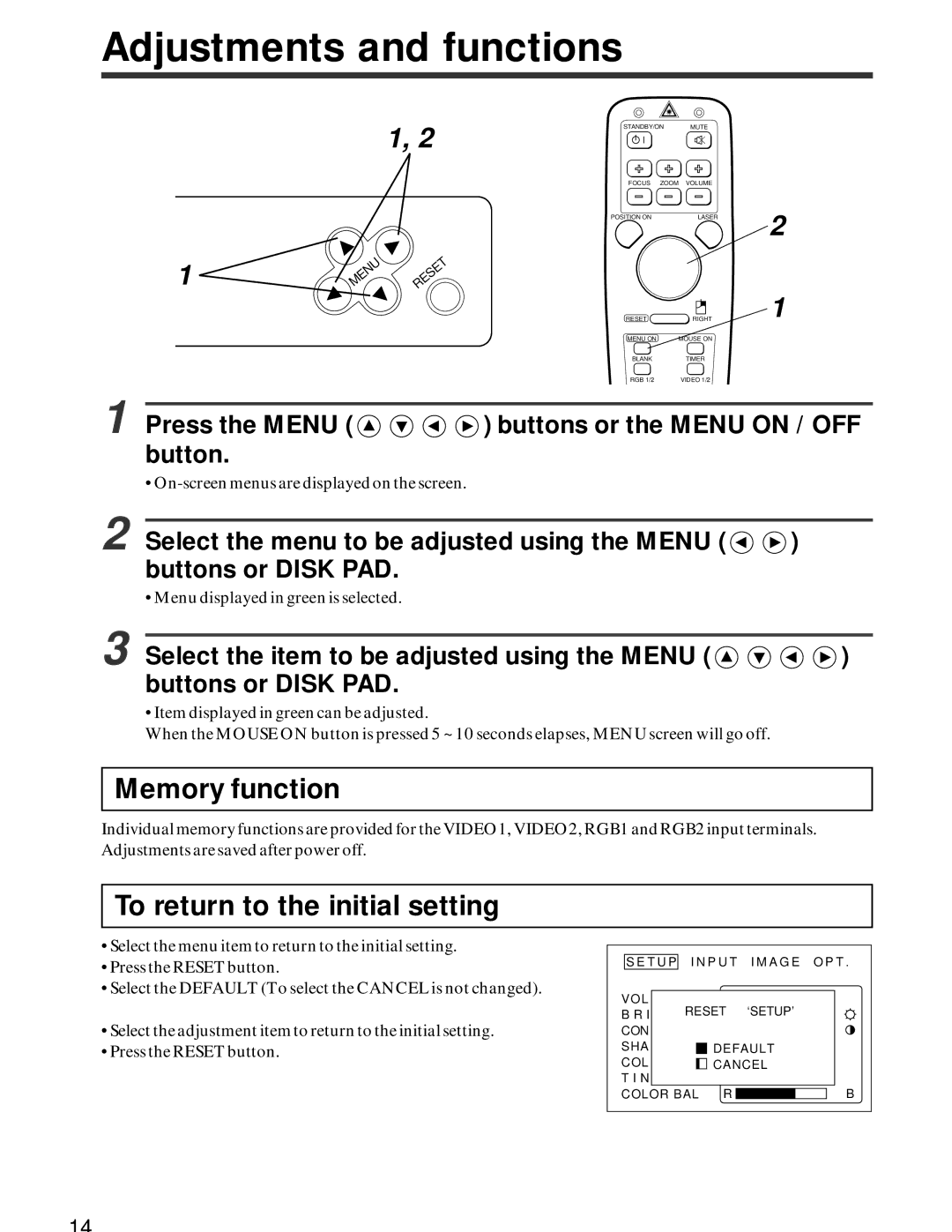 Hitachi CP-X950W, CP-x950E specifications Adjustments and functions, Press the Menu buttons or the Menu on / OFF button 