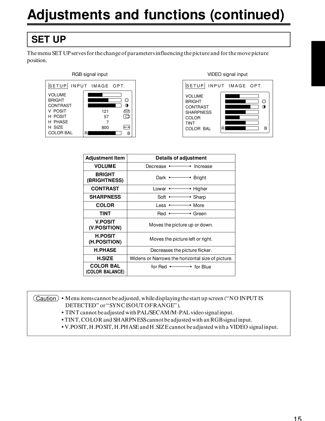 Hitachi CP-x950E, CP-X950W specifications Set Up, Brightness, Size, Color BAL 