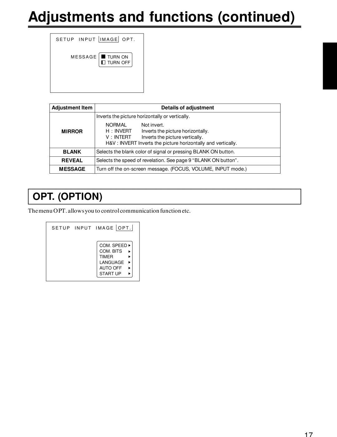 Hitachi CP-x950E, CP-X950W specifications OPT. Option, Blank, Reveal 