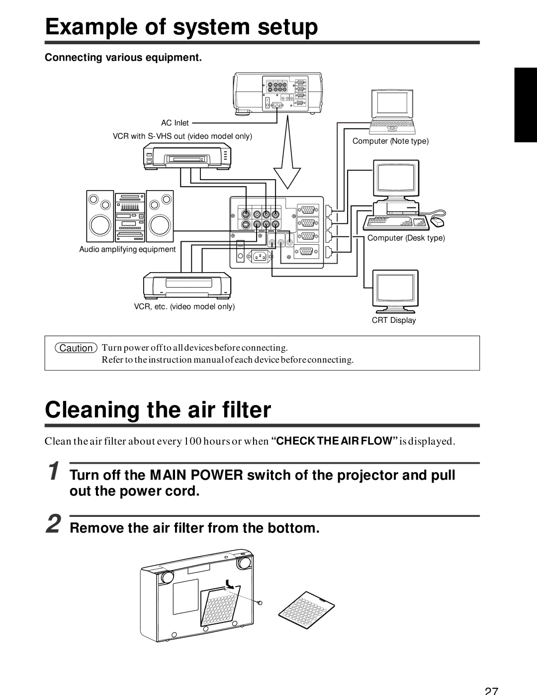 Hitachi CP-x950E, CP-X950W specifications Example of system setup, Cleaning the air filter, Connecting various equipment 