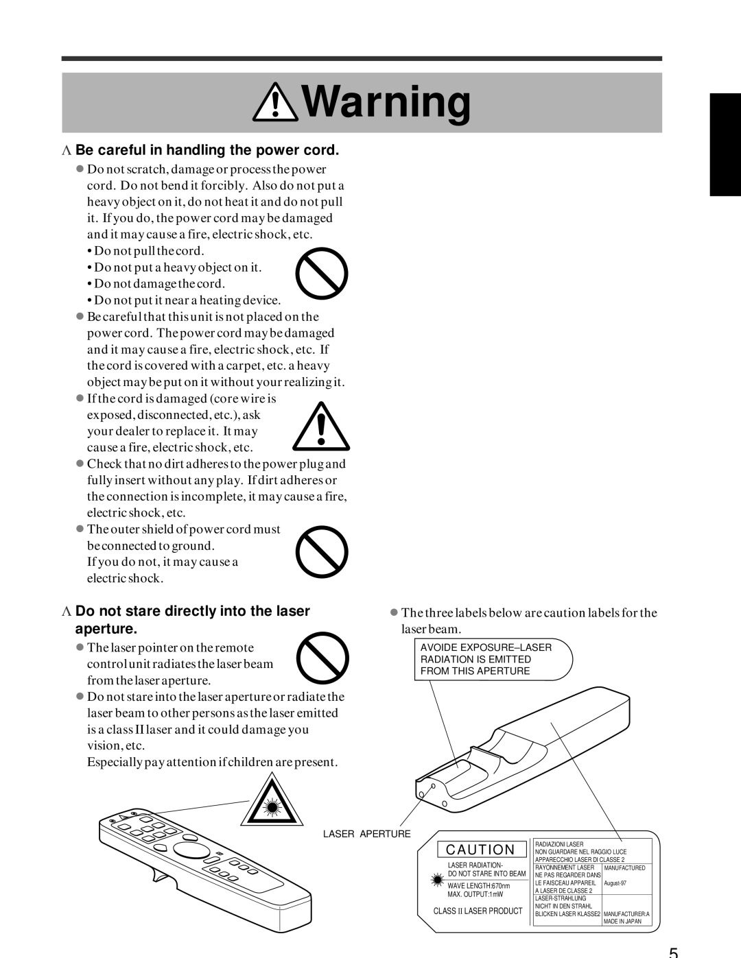 Hitachi CP-x950E, CP-X950W Be careful in handling the power cord, Do not stare directly into the laser Aperture 