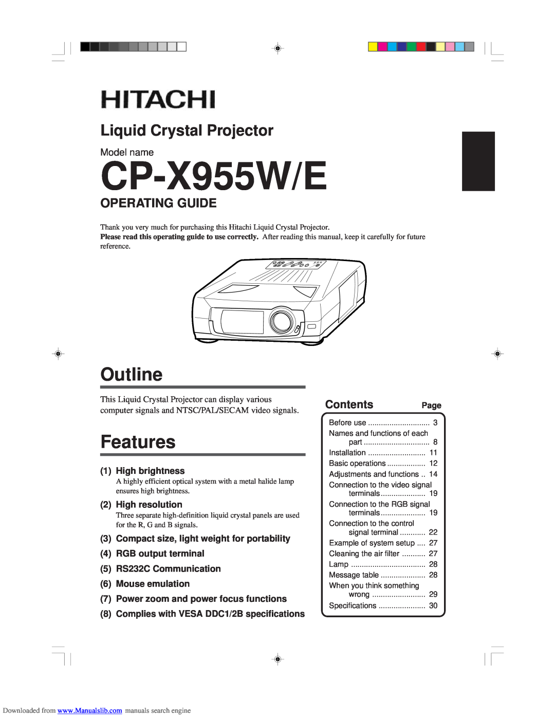 Hitachi CP-X955E specifications Outline, Features, Operating Guide, ContentsPage, High brightness, High resolution 