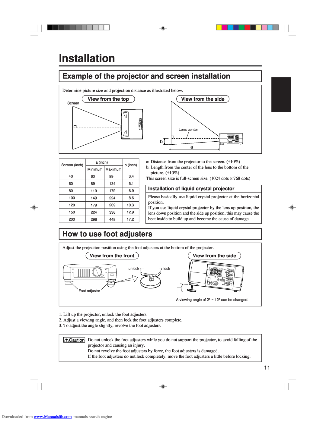Hitachi CP-X955E specifications Installation, Example of the projector and screen installation, How to use foot adjusters 