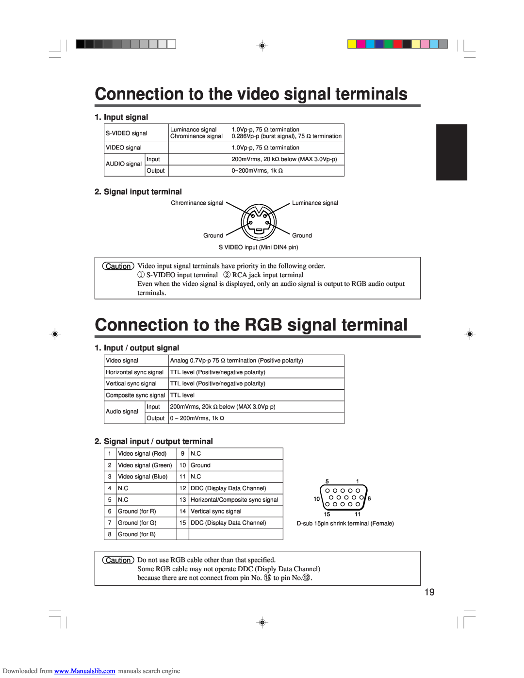Hitachi CP-X955E Connection to the video signal terminals, Connection to the RGB signal terminal, Input signal 