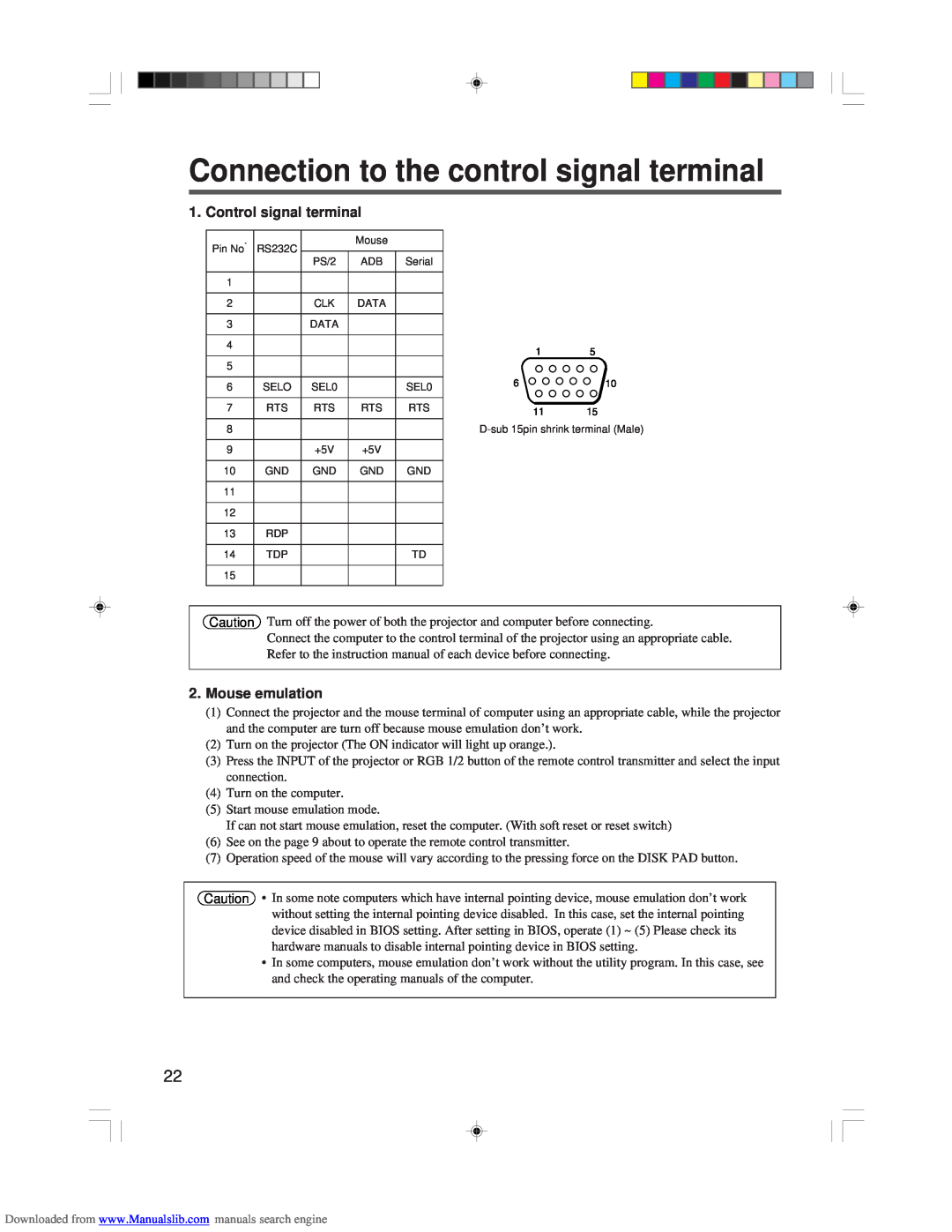 Hitachi CP-X955E specifications Connection to the control signal terminal, Control signal terminal, Mouse emulation 