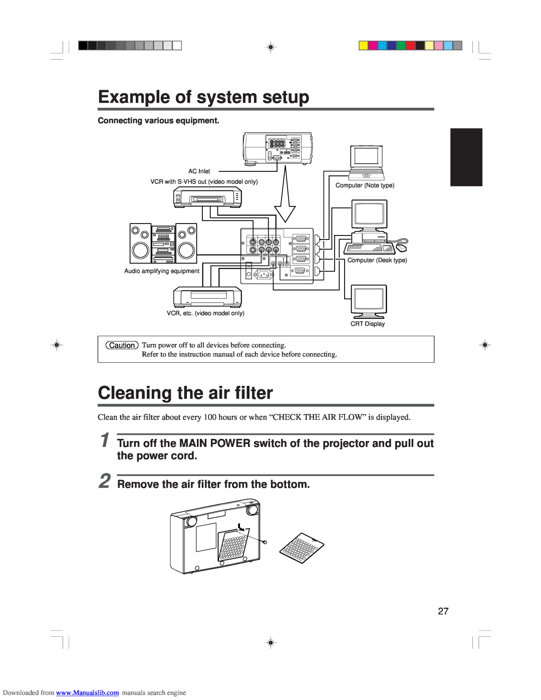 Hitachi CP-X955E specifications Example of system setup, Cleaning the air filter, Remove the air filter from the bottom 