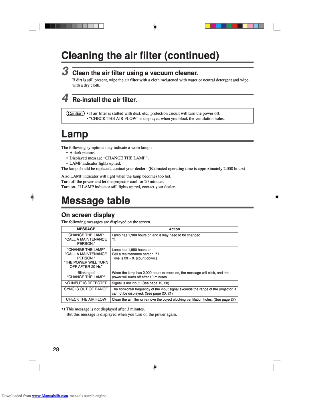 Hitachi CP-X955E Cleaning the air filter continued, Lamp, Message table, Clean the air filter using a vacuum cleaner 