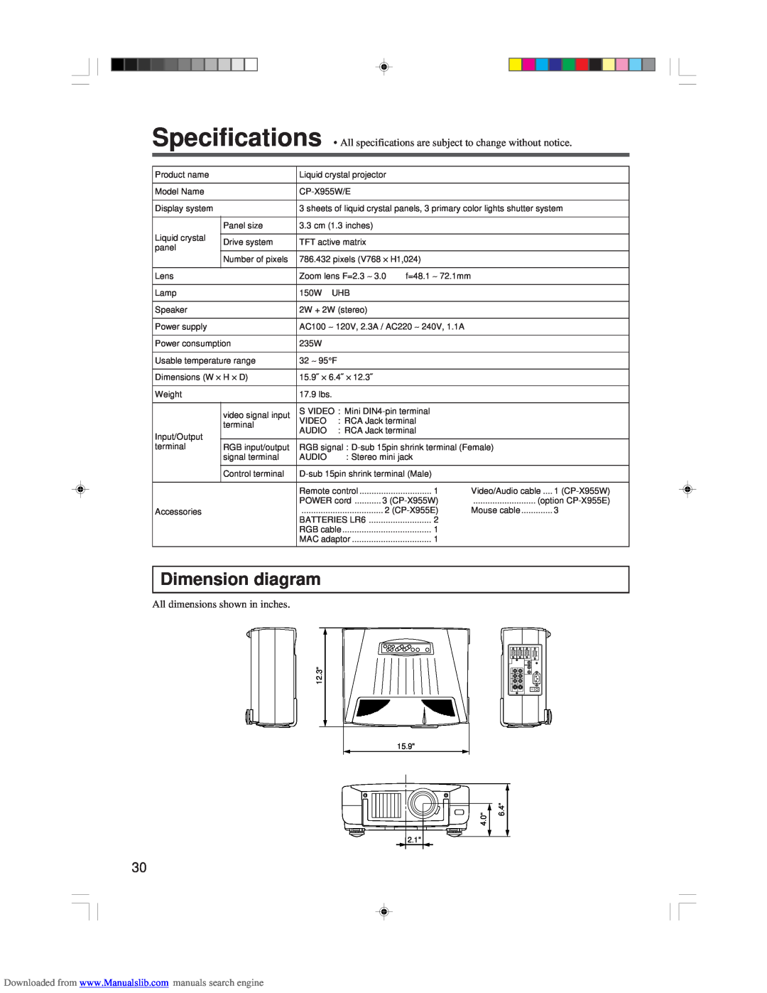 Hitachi CP-X955E specifications Dimension diagram, All dimensions shown in inches 