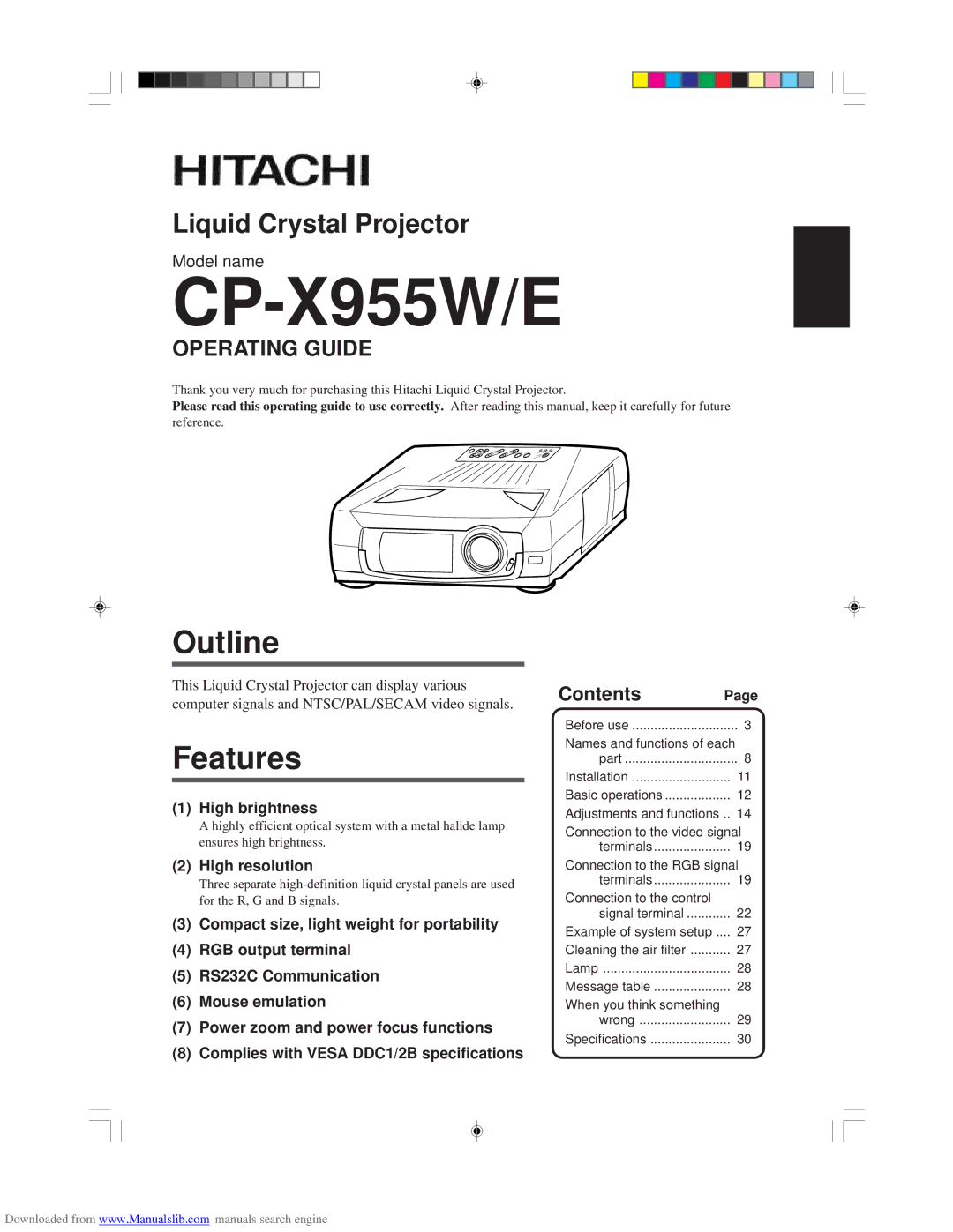 Hitachi CP-X955E specifications Outline, Features, Operating Guide, ContentsPage 