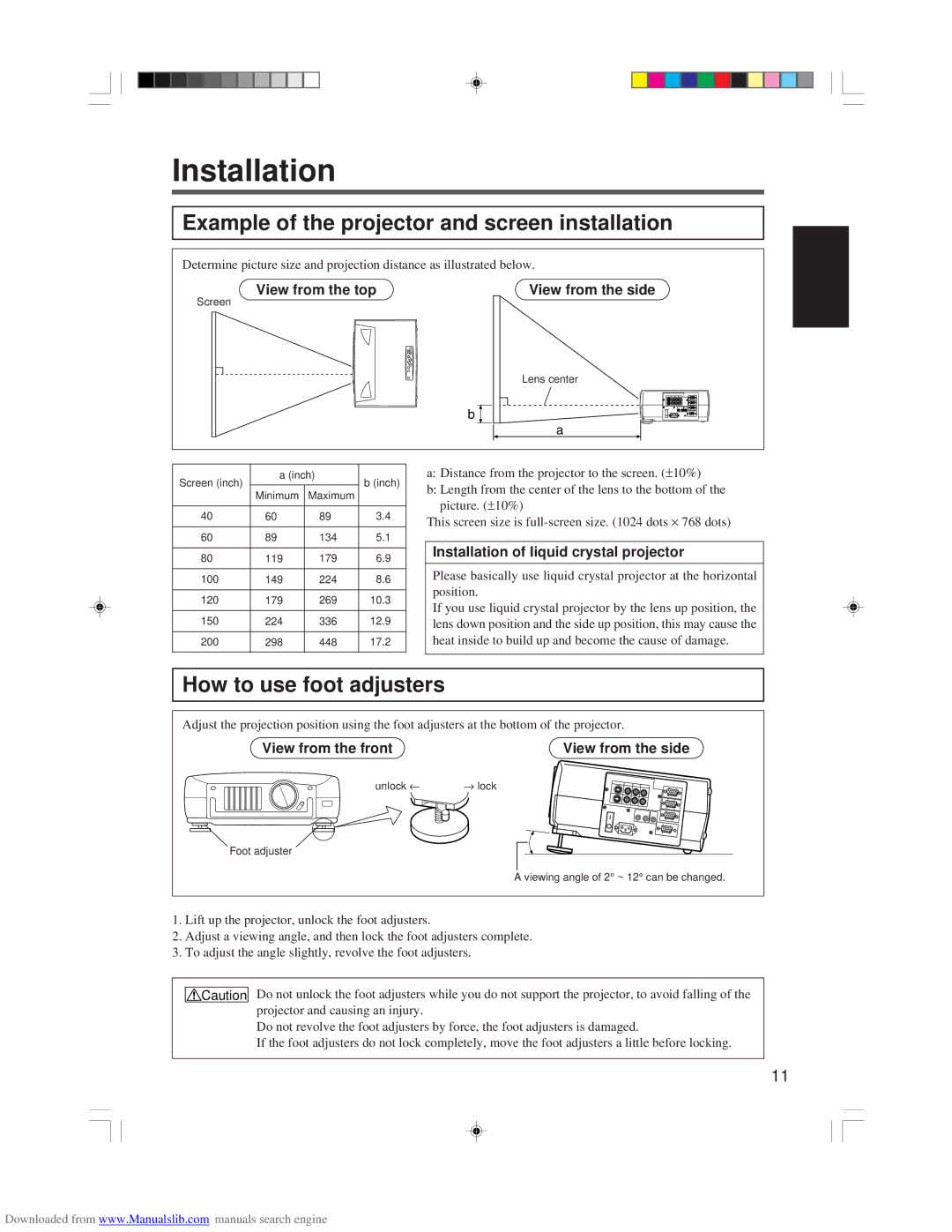 Hitachi CP-X955E specifications View from the top View from the side, Installation of liquid crystal projector 