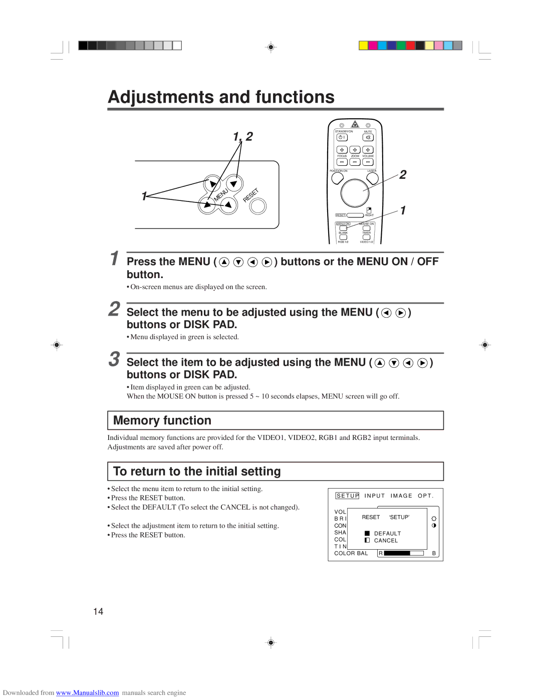 Hitachi CP-X955E specifications Adjustments and functions, Press the Menu buttons or the Menu on / OFF button 