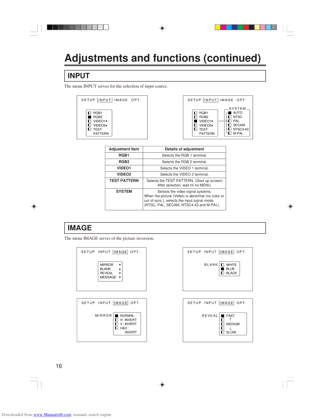 Hitachi CP-X955E specifications Input, Image, Test Pattern 