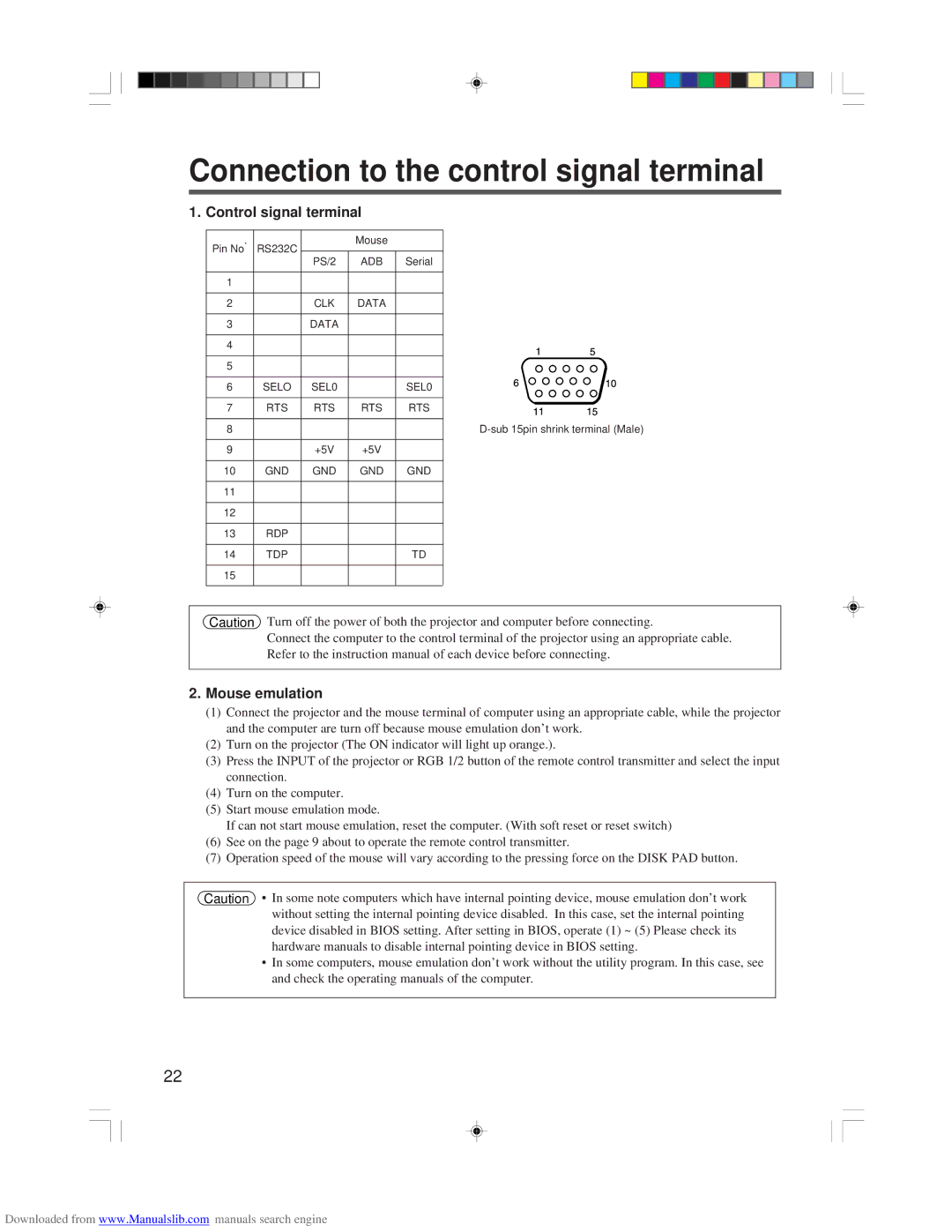 Hitachi CP-X955E specifications Connection to the control signal terminal, Control signal terminal, Mouse emulation 