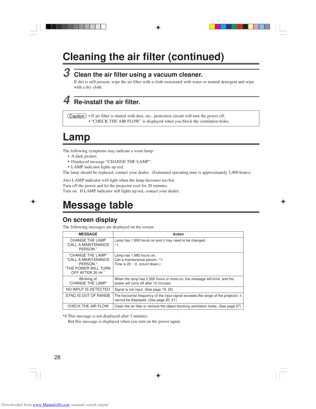 Hitachi CP-X955E specifications Lamp, Message table, Clean the air filter using a vacuum cleaner, Re-install the air filter 