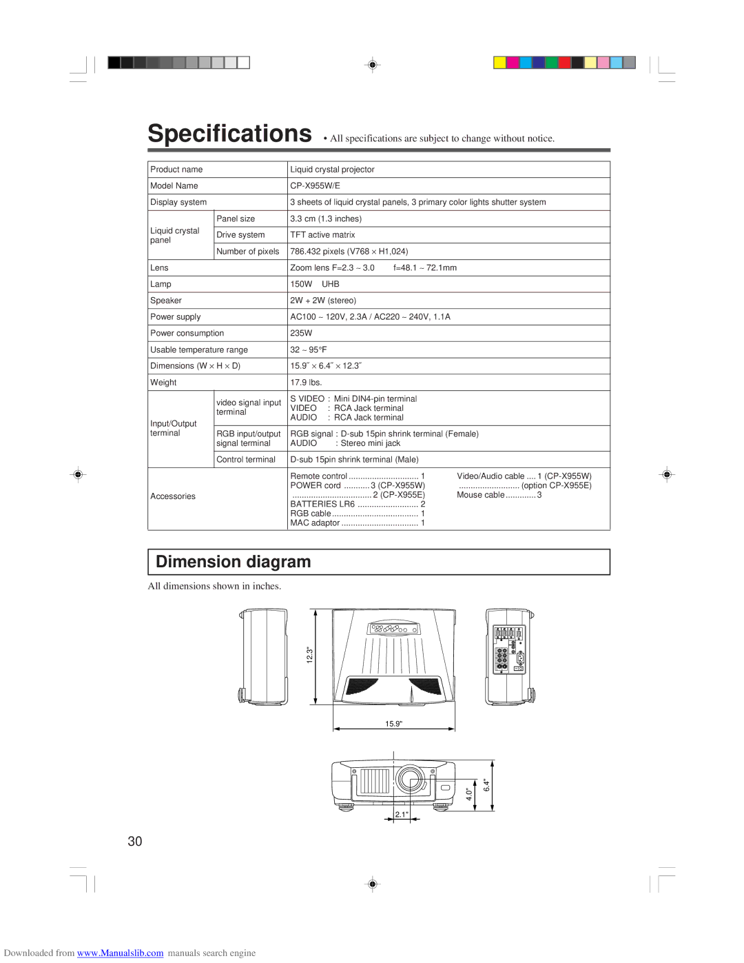 Hitachi CP-X955E specifications Dimension diagram 